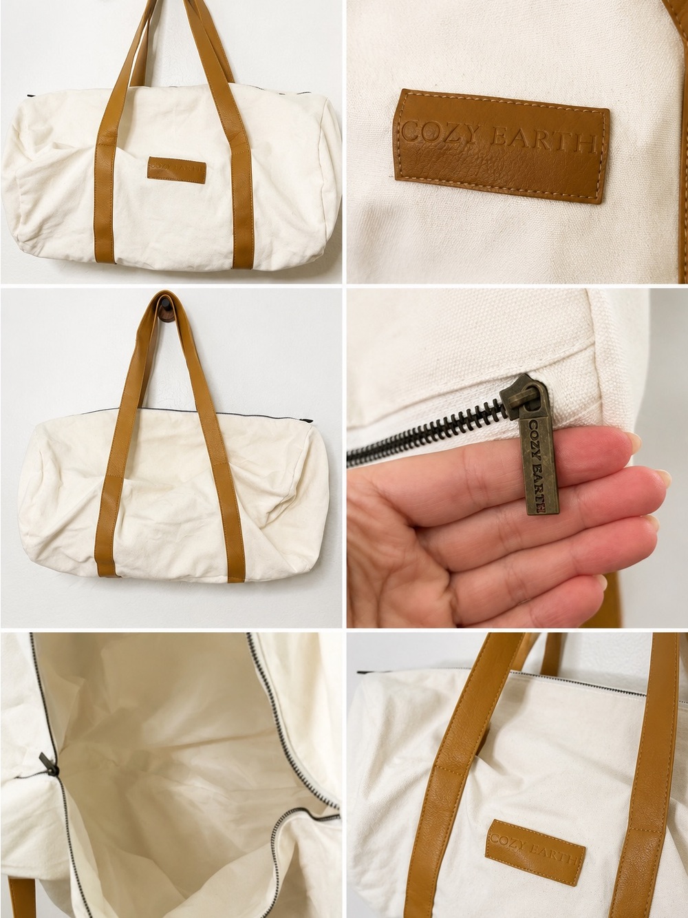 Cozy Earth Women's Cream Canvas Duffel with Tan Leather Trim